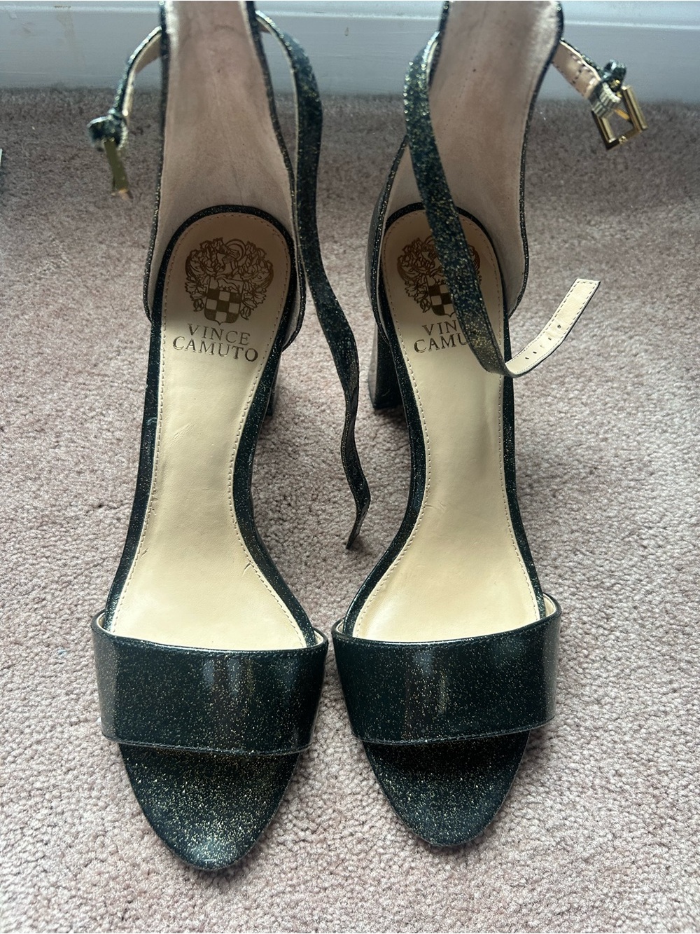 Vince Camuto Black Glitter Open-Toe Ankle-Strap Heels